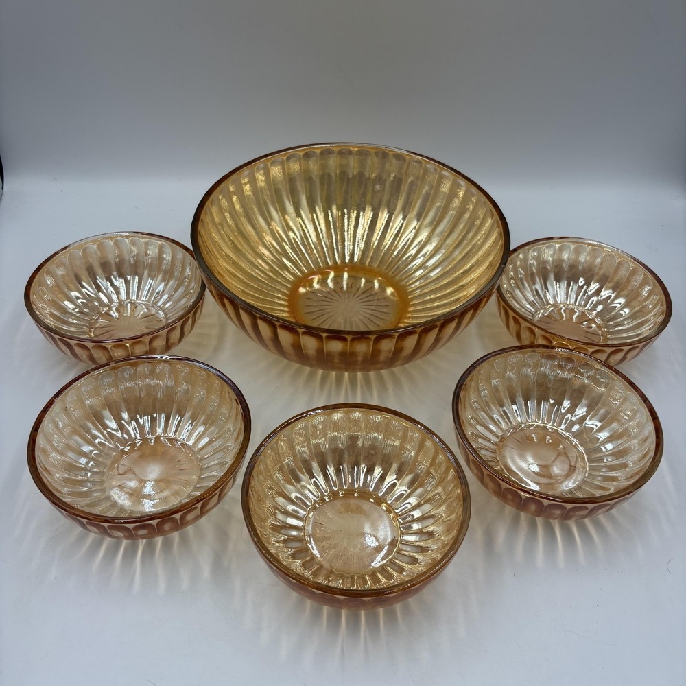 Gold Carnival‎ Glass Salad Serving Bowl Set Ribbed Art Deco 6 Piece Unmarked